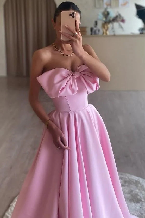 Pink Satin A-Line Strapless Bow Pleated Long Evening Dress Formal Prom Dress With Sweep Train