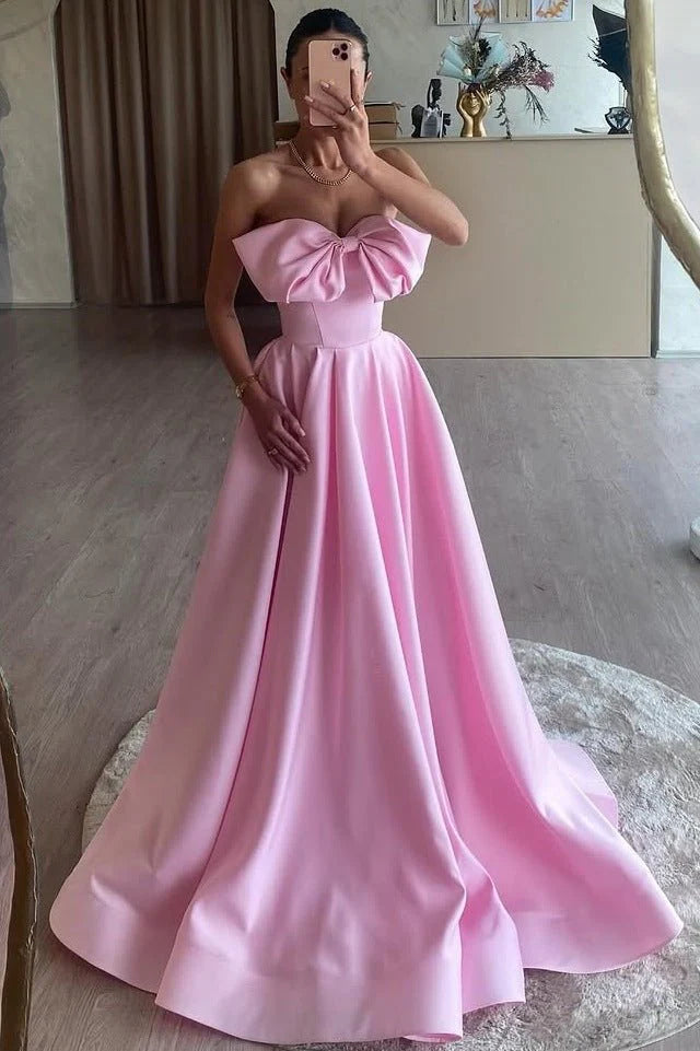 Pink Satin A-Line Strapless Bow Pleated Long Evening Dress Formal Prom Dress With Sweep Train