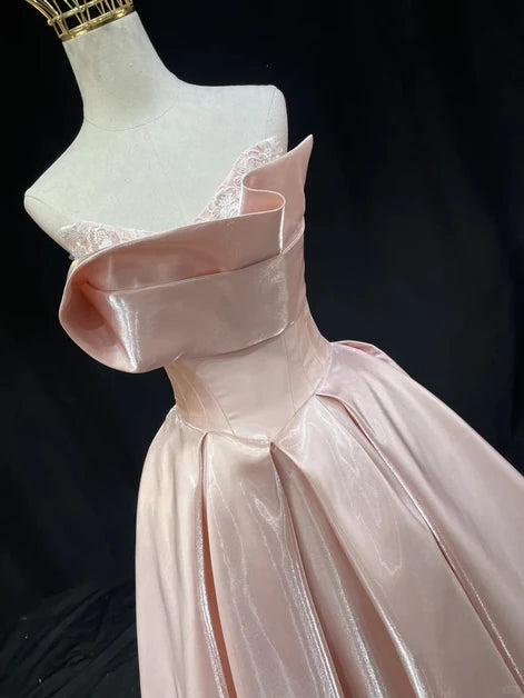 Pink Satin A-line Strapless Floor Length Prom Dress Evening Dress Party Dress
