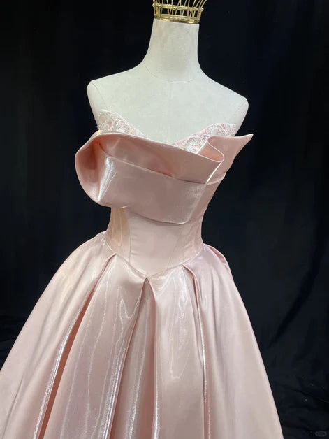 Pink Satin A-line Strapless Floor Length Prom Dress Evening Dress Party Dress
