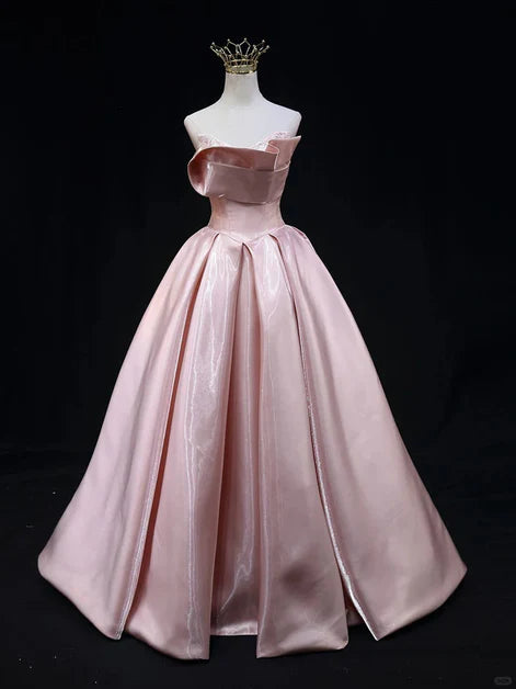 Pink Satin A-line Strapless Floor Length Prom Dress Evening Dress Party Dress
