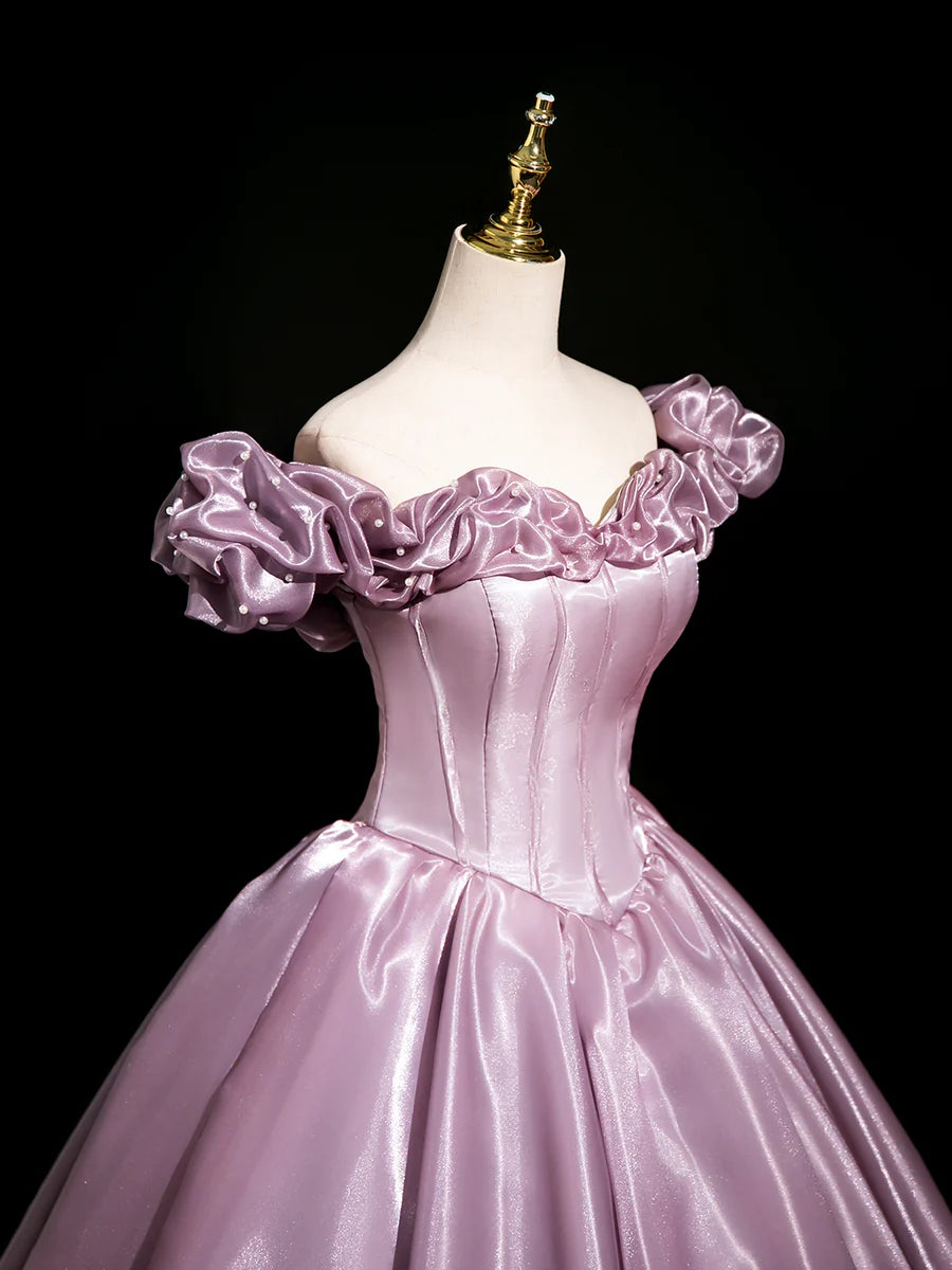 Pink Satin Beaded Off the Shoulder Long Prom Dress Evening Party Dress With Corset