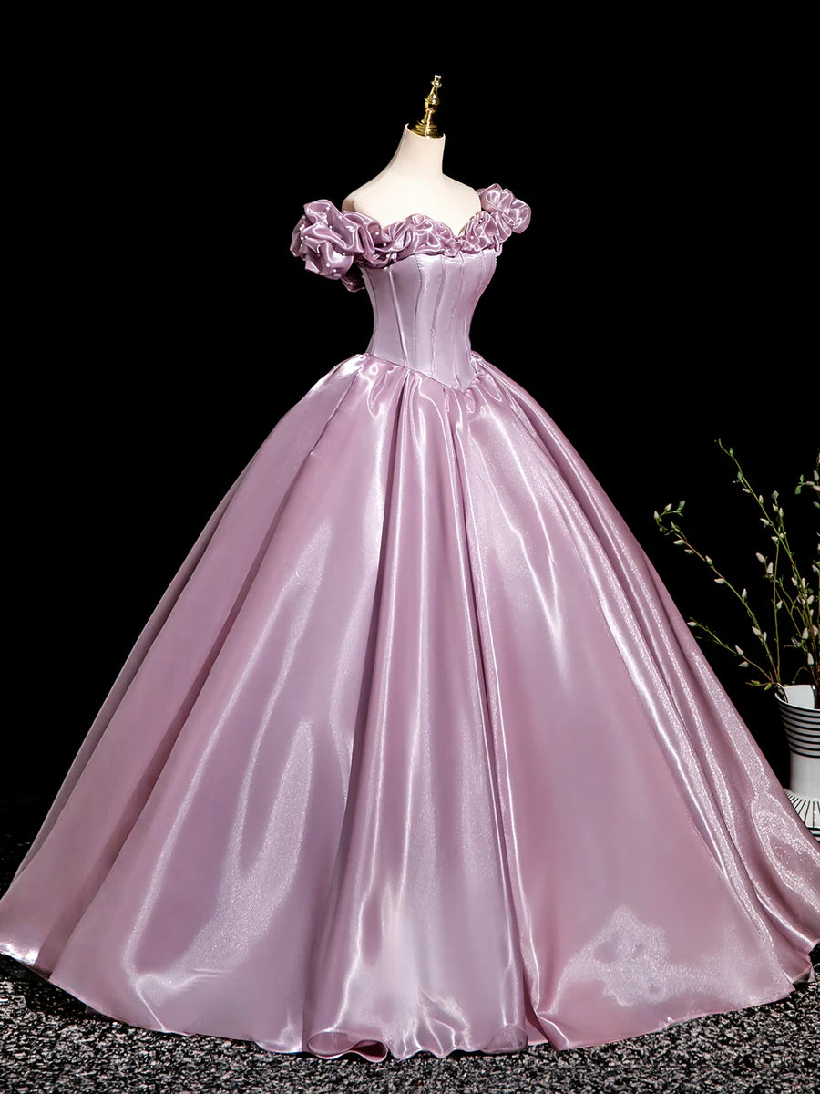 Pink Satin Beaded Off the Shoulder Long Prom Dress Evening Party Dress With Corset