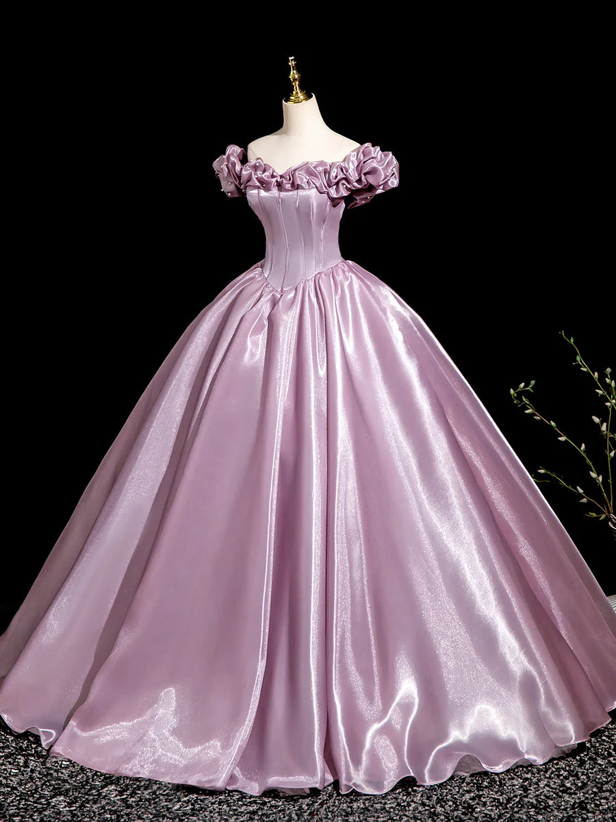 Pink Satin Beaded Off the Shoulder Long Prom Dress Evening Party Dress With Corset