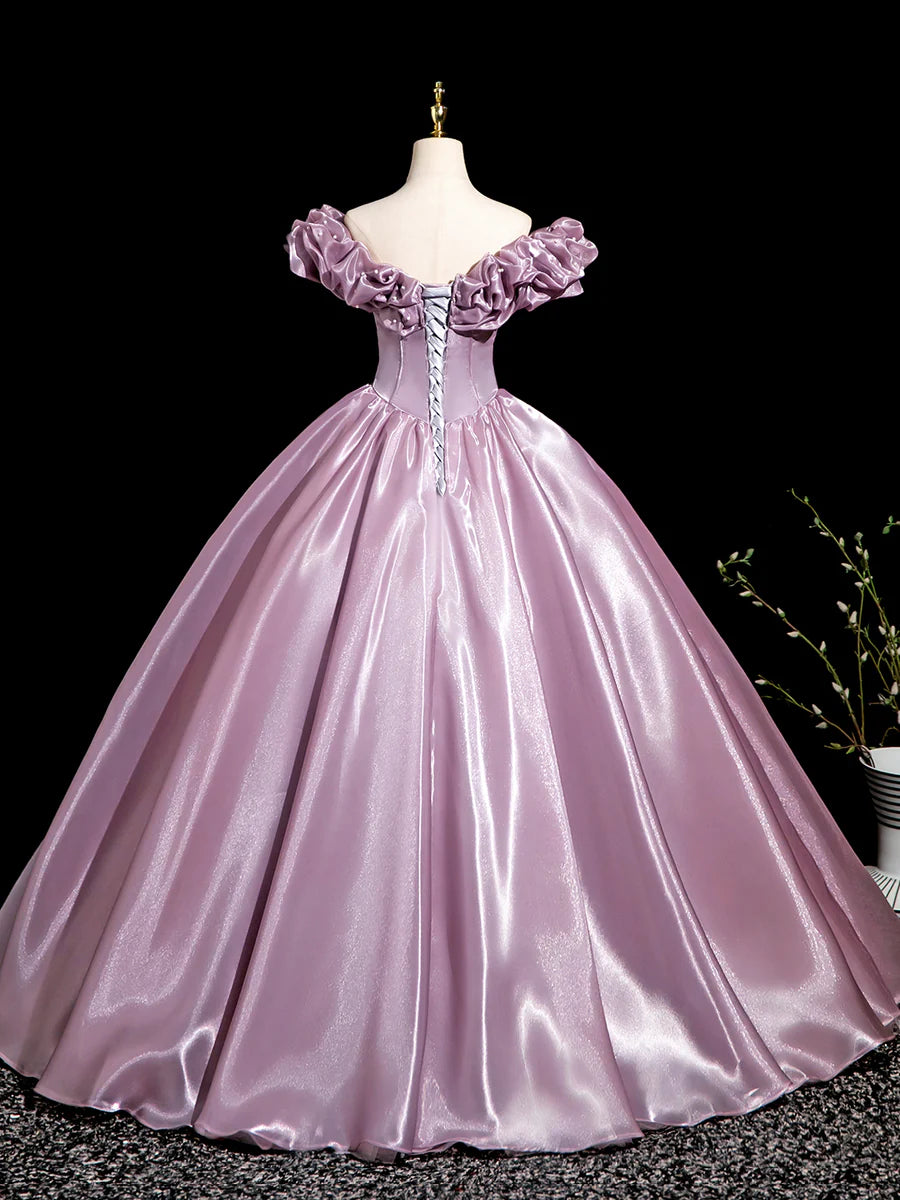 Pink Satin Beaded Off the Shoulder Long Prom Dress Evening Party Dress With Corset