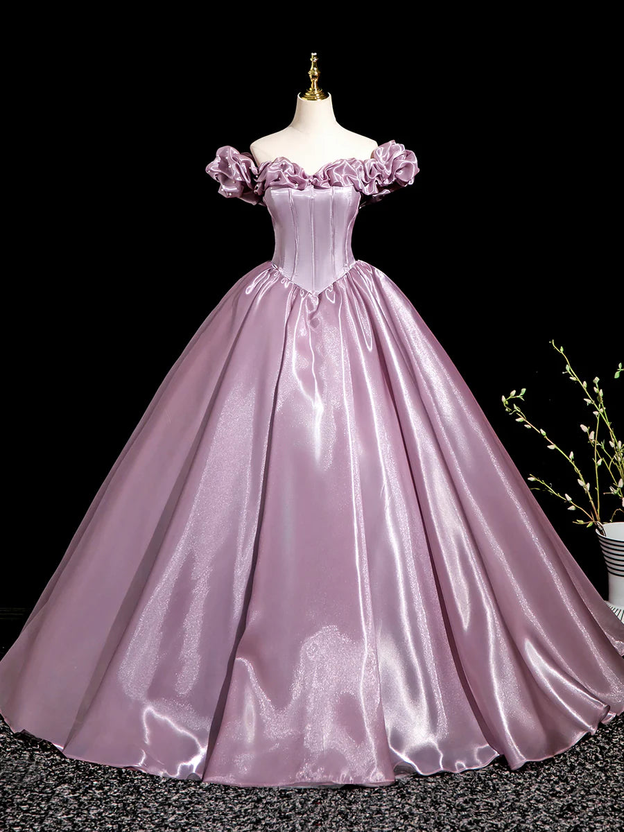 Pink Satin Beaded Off the Shoulder Long Prom Dress Evening Party Dress With Corset