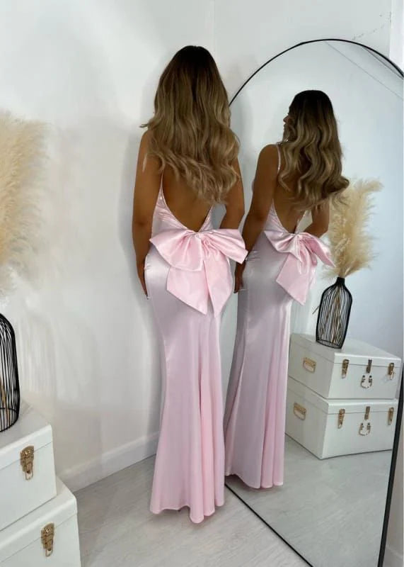 Pink Satin Beaded Spaghetti Straps Open Back Full Length Evening Dress Prom Dress With Bow