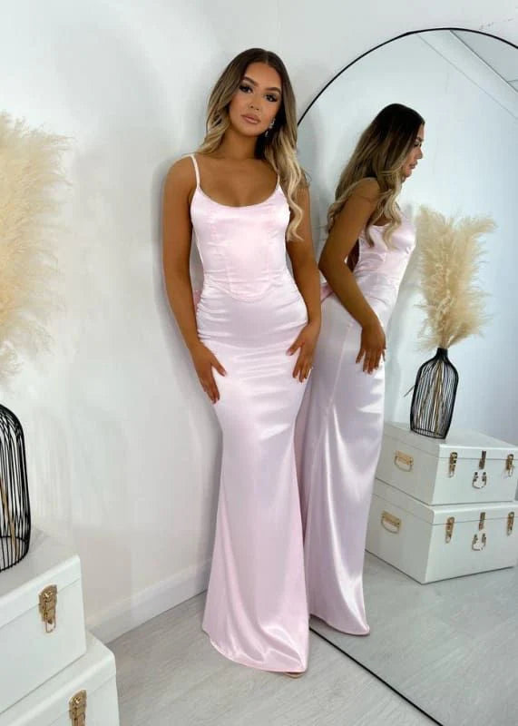 Pink Satin Beaded Spaghetti Straps Open Back Full Length Evening Dress Prom Dress With Bow