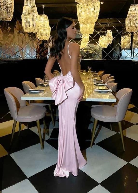 Pink Satin Beaded Spaghetti Straps Open Back Full Length Evening Dress Prom Dress With Bow
