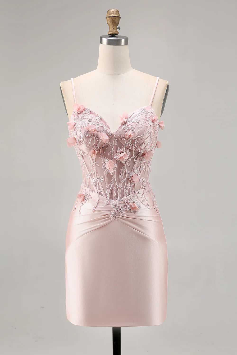 Pink Satin Beaded V Neck Spaghetti Straps Corset Bodycon Homecoming Dress With Appliques
