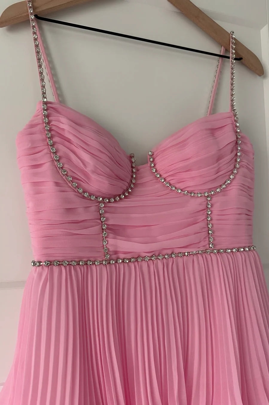 Pink Satin Chiffon With Beaded Spaghetti Straps A-Line Ruffle Tiered Homecoming Dress