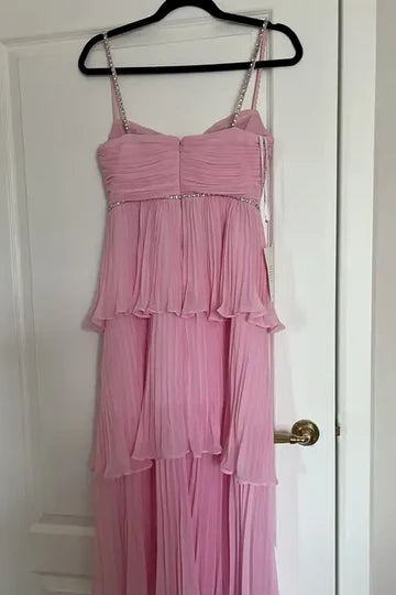 Pink Satin Chiffon With Beaded Spaghetti Straps A-Line Ruffle Tiered Homecoming Dress