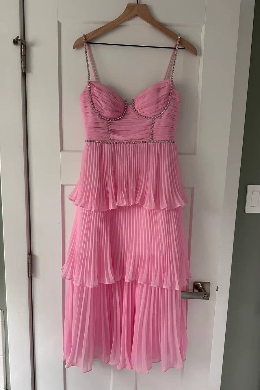 Pink Satin Chiffon With Beaded Spaghetti Straps A-Line Ruffle Tiered Homecoming Dress