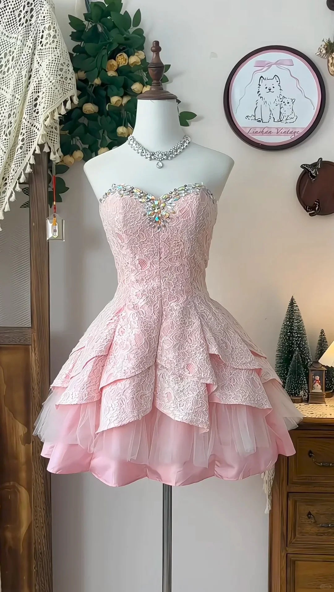 Pink Satin Floral Prints Strapless Short Prom Dress Birthday Party Dress Homecoming Dress