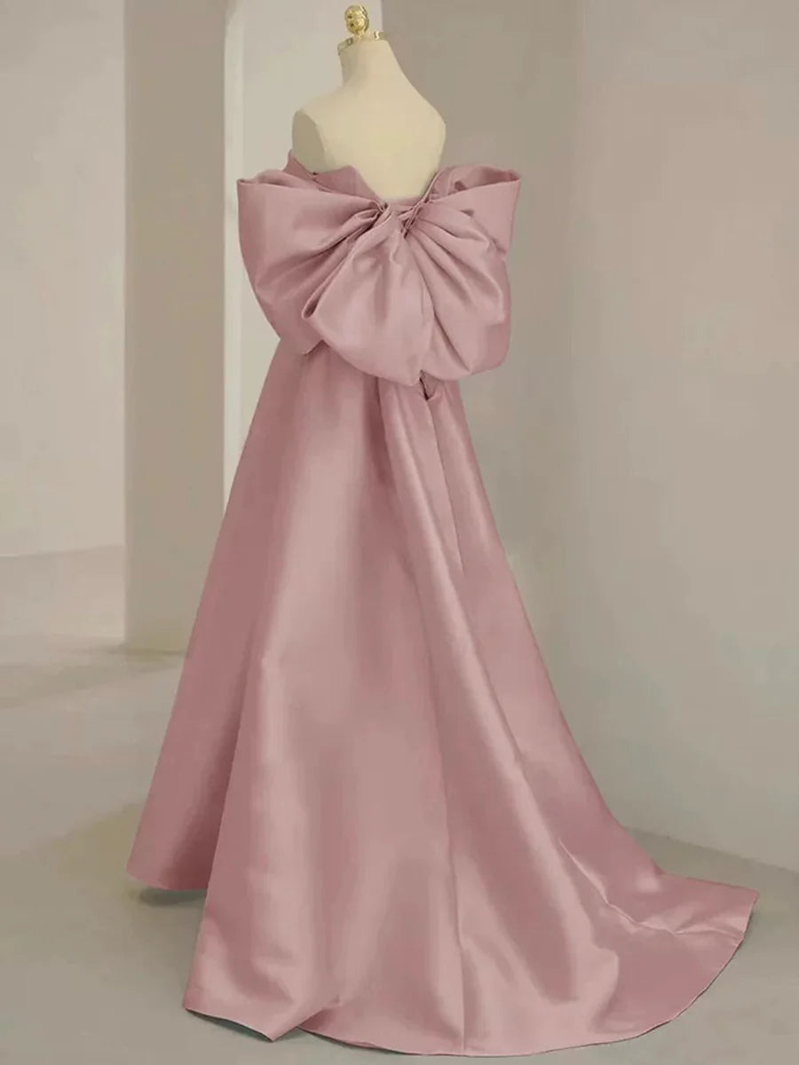 Pink Satin Off-the-Shoulder Floor Length Prom Dress Off the Shoulder Evening Party Dress With Short Train