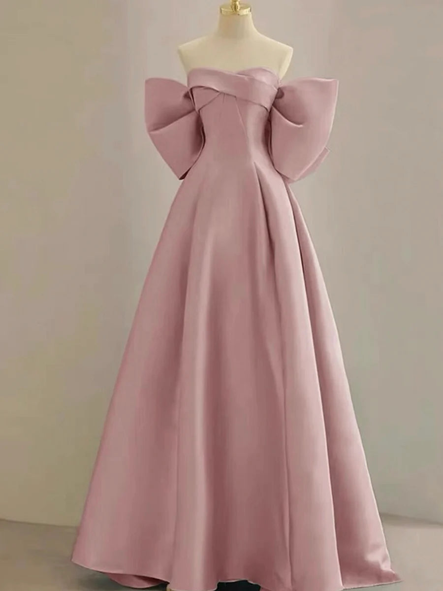 Pink Satin Off-the-Shoulder Floor Length Prom Dress Off the Shoulder Evening Party Dress With Short Train