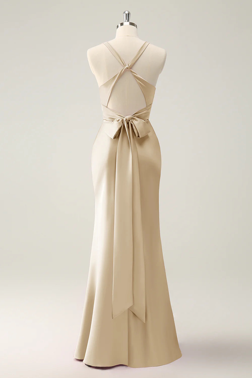 Pink Satin Pleated Mermaid Deep V Neck Cross-back straps Long Bridesmaid Dress