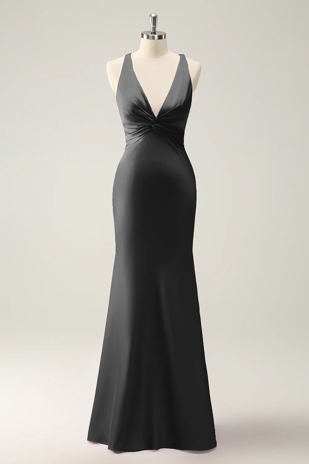 Pink Satin Pleated Mermaid Deep V Neck Cross-back straps Long Bridesmaid Dress