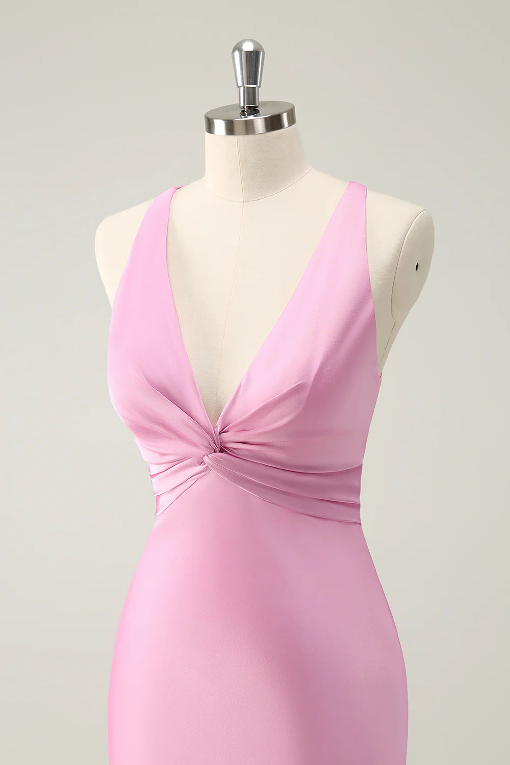 Pink Satin Pleated Mermaid Deep V Neck Cross-back straps Long Bridesmaid Dress