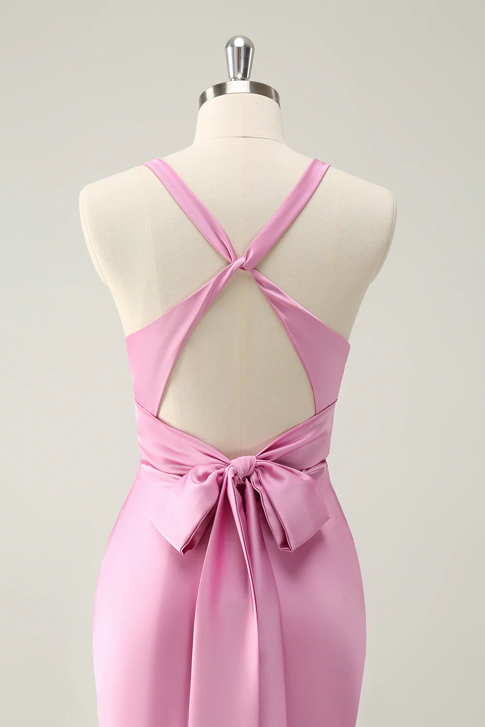 Pink Satin Pleated Mermaid Deep V Neck Cross-back straps Long Bridesmaid Dress