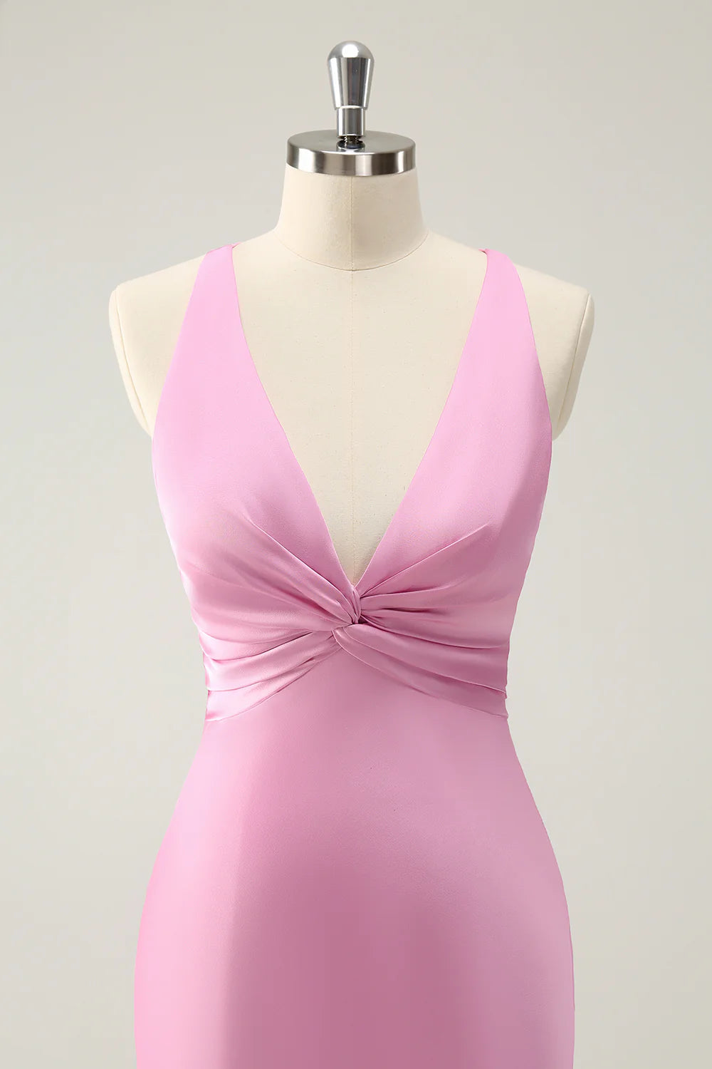 Pink Satin Pleated Mermaid Deep V Neck Cross-back straps Long Bridesmaid Dress