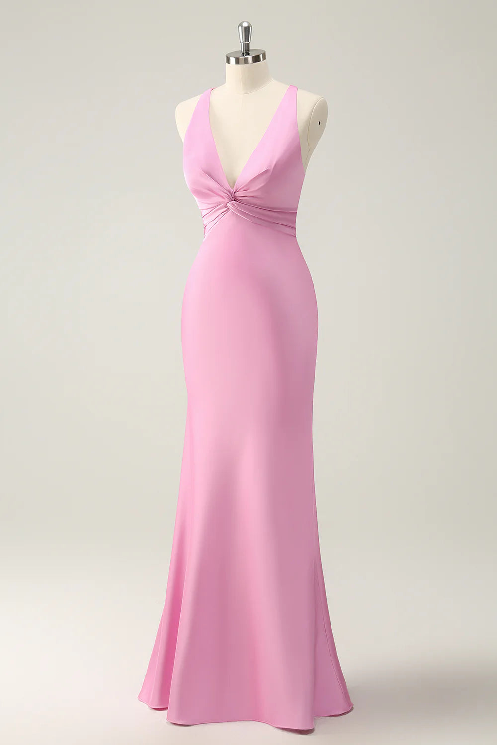 Pink Satin Pleated Mermaid Deep V Neck Cross-back straps Long Bridesmaid Dress