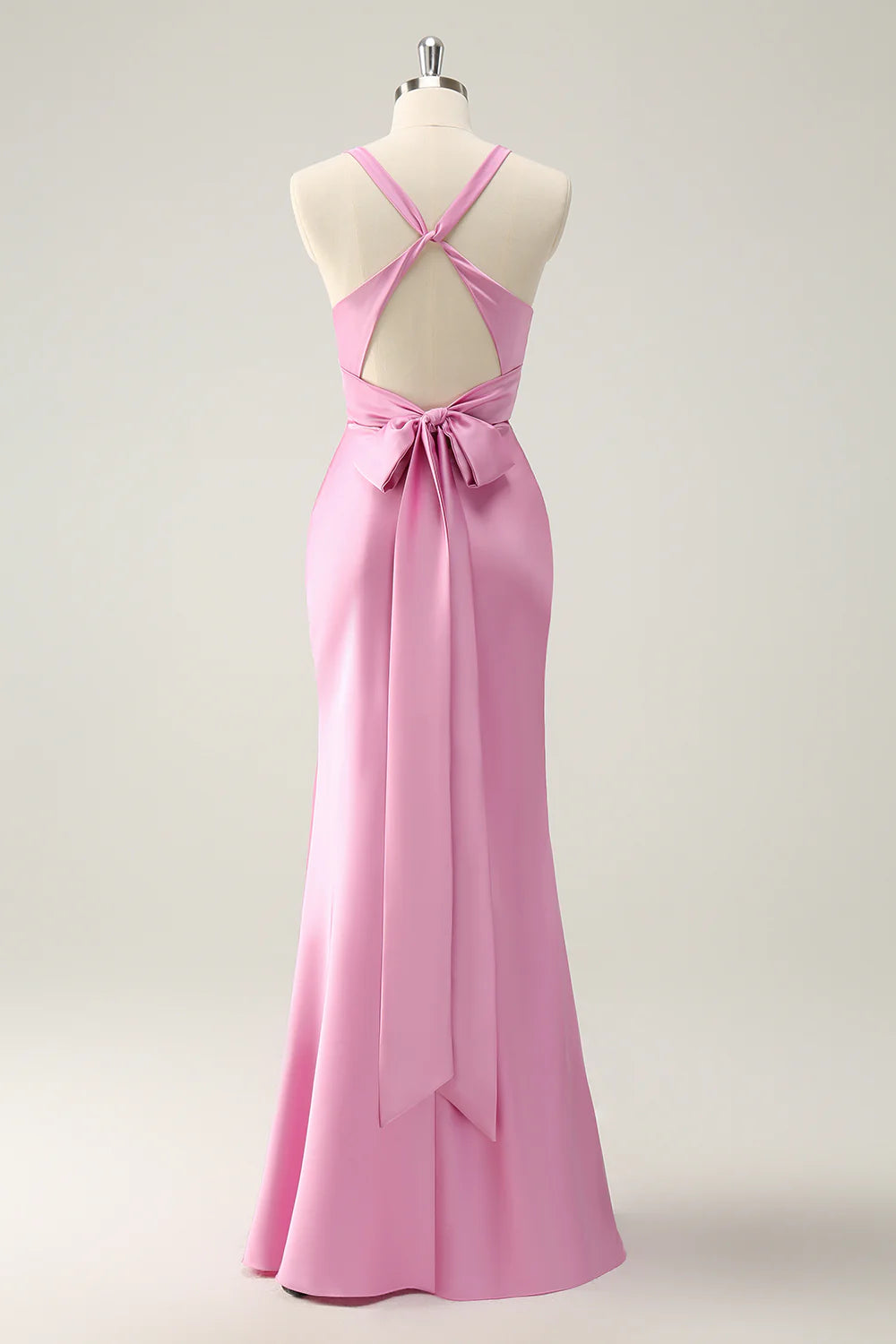 Pink Satin Pleated Mermaid Deep V Neck Cross-back straps Long Bridesmaid Dress