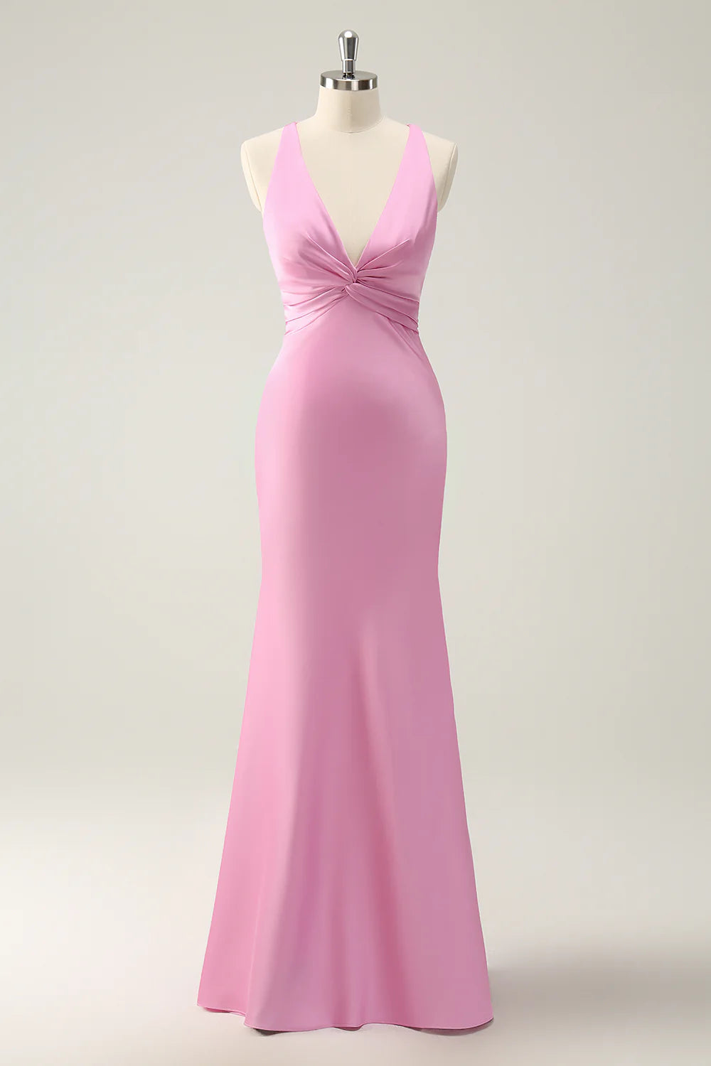 Pink Satin Pleated Mermaid Deep V Neck Cross-back straps Long Bridesmaid Dress