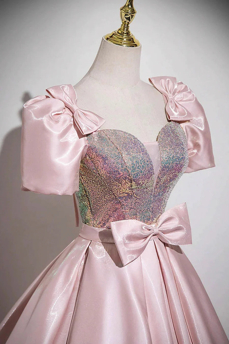 Pink Satin Sequins Bow A-Line Short Sleeve Long Prom Dress Party Dress