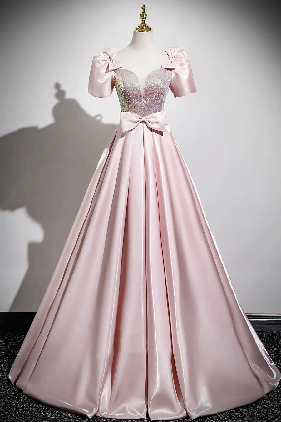 Pink Satin Sequins Bow A-Line Short Sleeve Long Prom Dress Party Dress