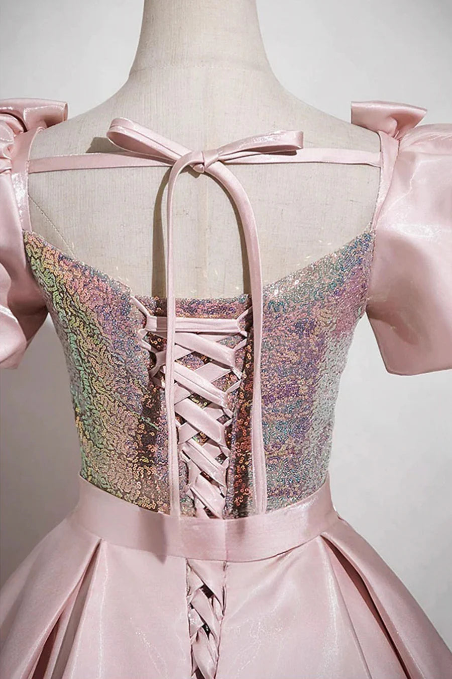 Pink Satin Sequins Bow A-Line Short Sleeve Long Prom Dress Party Dress