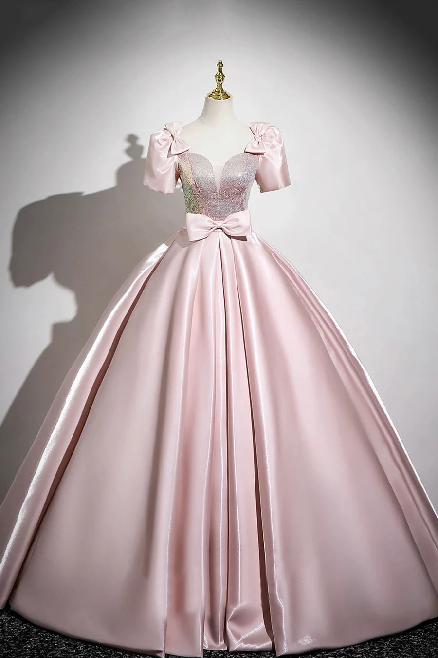 Pink Satin Sequins Bow A-Line Short Sleeve Long Prom Dress Party Dress