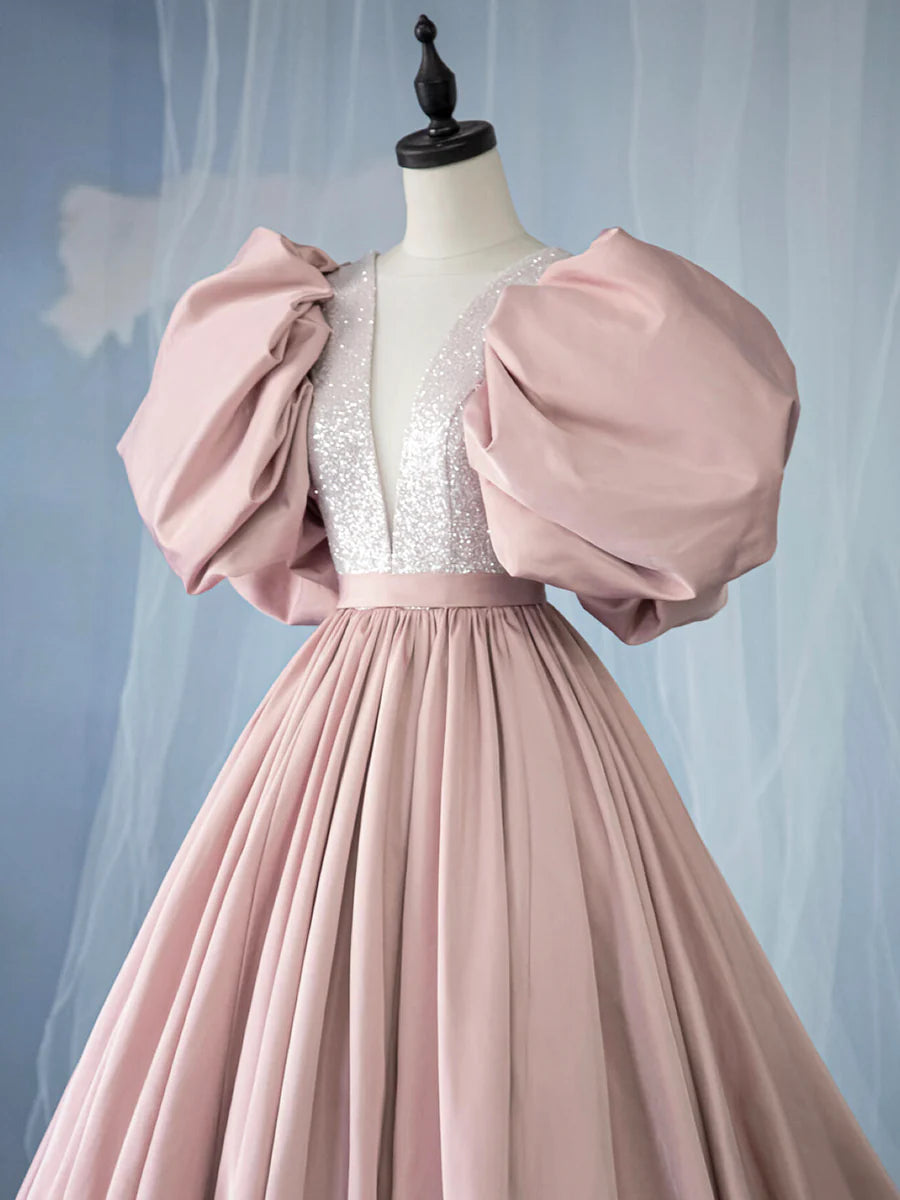 Pink Satin Sequins V-Neck Floor length Prom Dress Beautiful A-Line Puffy Sleeve Party Dress
