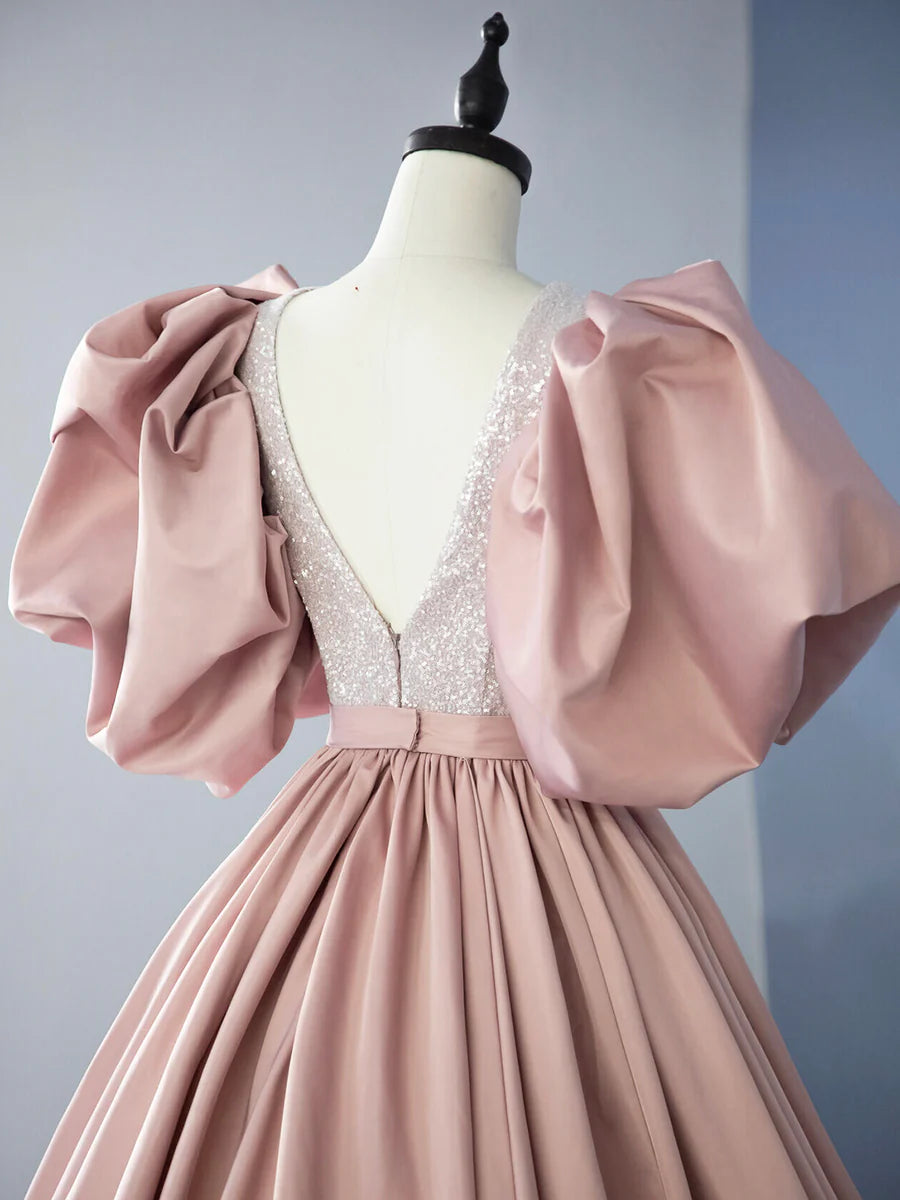 Pink Satin Sequins V-Neck Floor length Prom Dress Beautiful A-Line Puffy Sleeve Party Dress