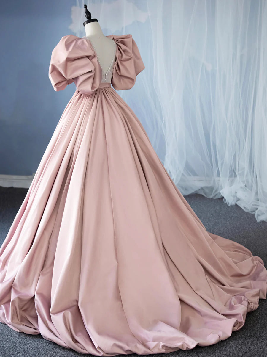 Pink Satin Sequins V-Neck Floor length Prom Dress Beautiful A-Line Puffy Sleeve Party Dress