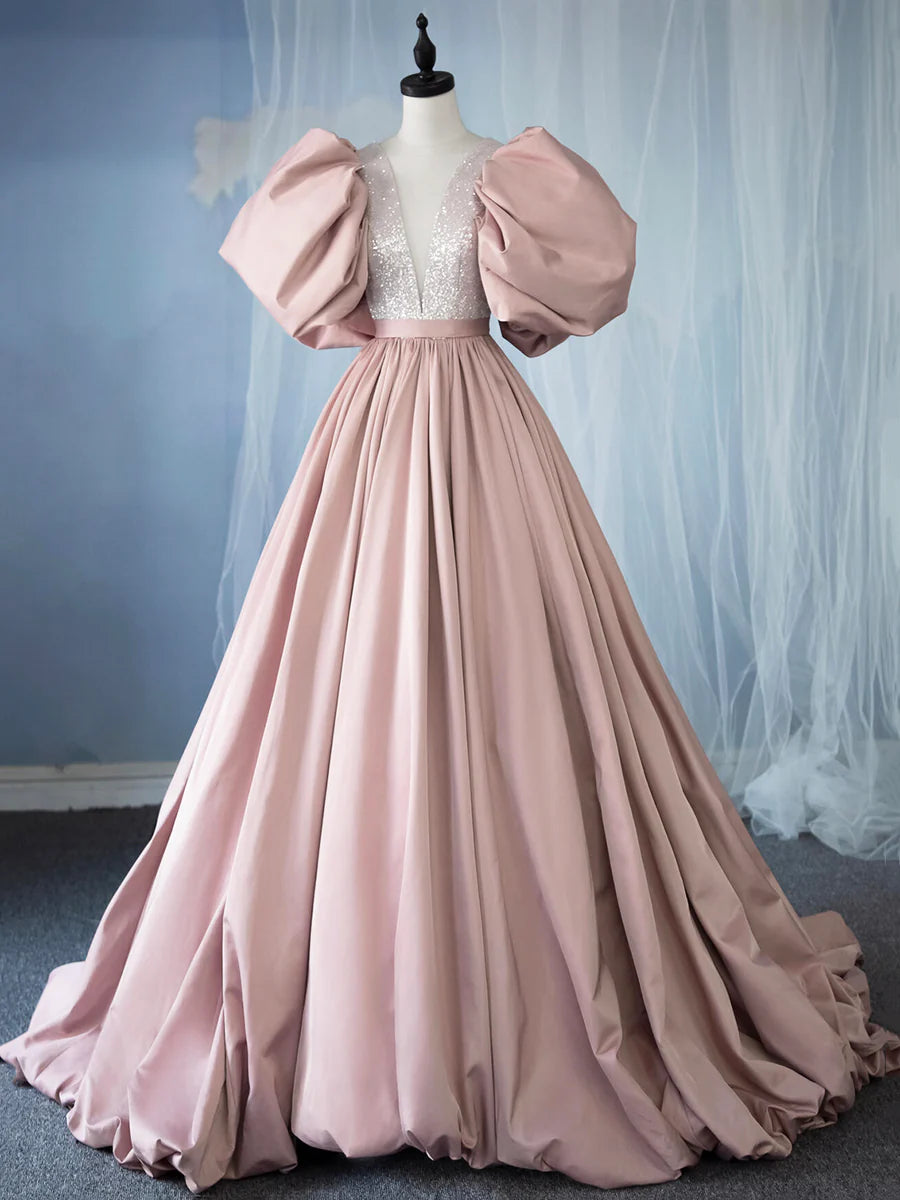 Pink Satin Sequins V-Neck Floor length Prom Dress Beautiful A-Line Puffy Sleeve Party Dress