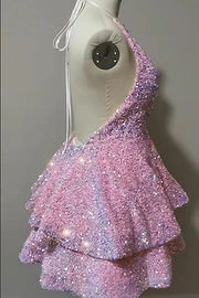 Pink Satin Sequins With Applique A-Line V Neck Layered Short Homecoming Dress