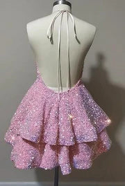 Pink Satin Sequins With Applique A-Line V Neck Layered Short Homecoming Dress