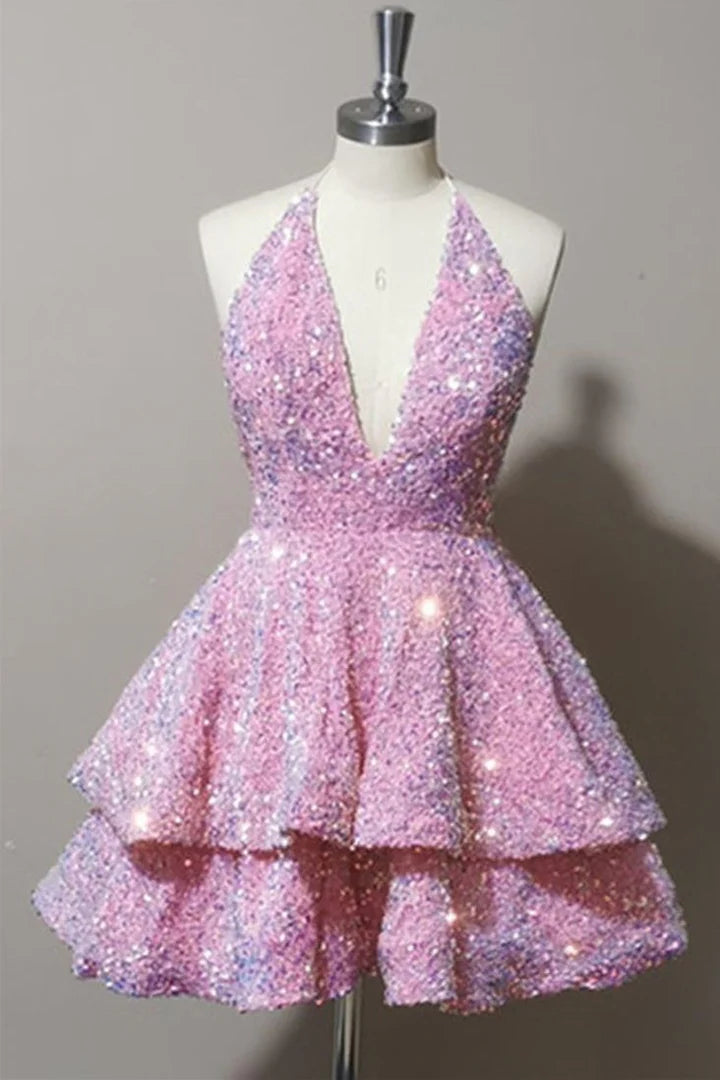 Pink Satin Sequins With Applique A-Line V Neck Layered Short Homecoming Dress