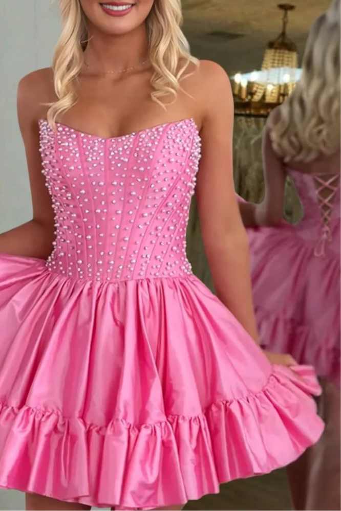 Pink Satin Strapless A Line Ruffle Lace-up Back Sleeveless Short Homecoming Dresses With Pearls