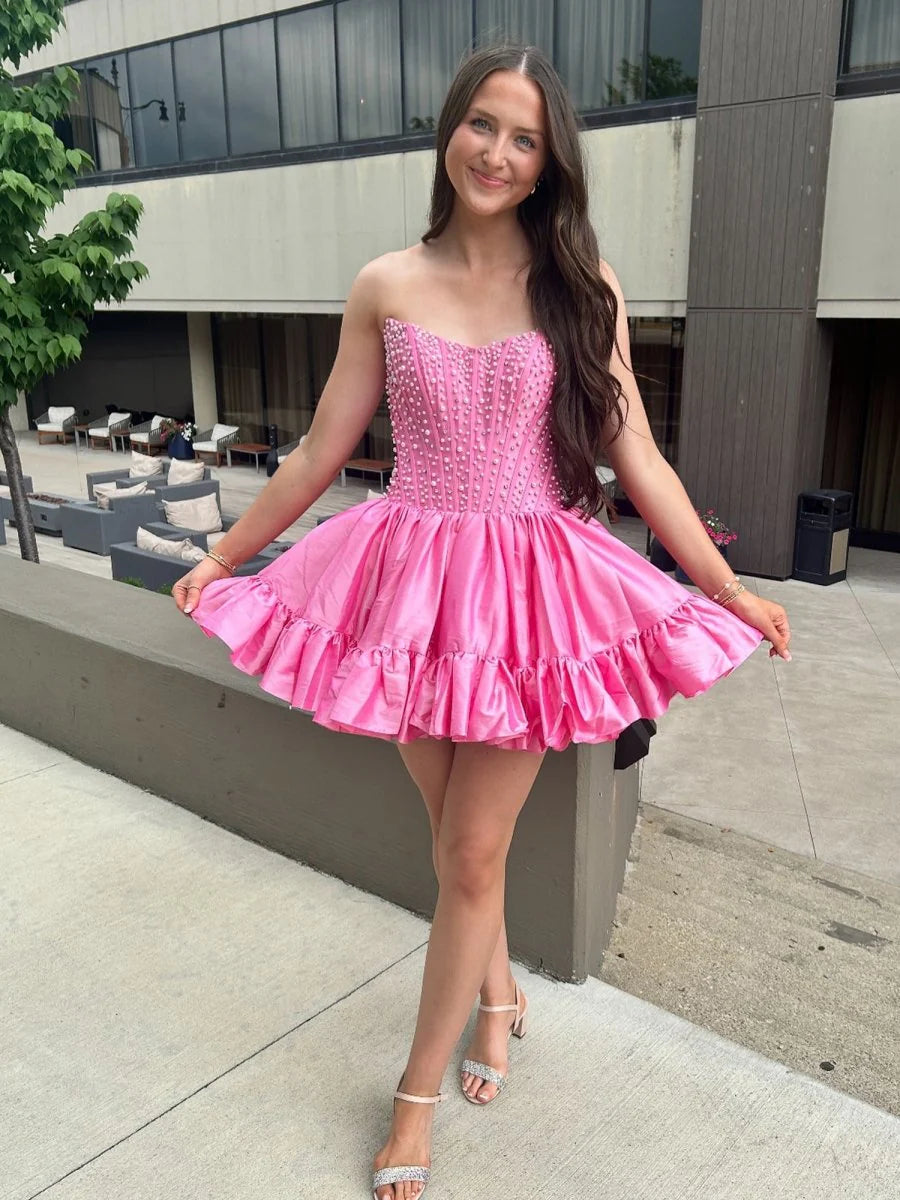 Pink Satin Strapless A Line Ruffle Lace-up Back Sleeveless Short Homecoming Dresses With Pearls