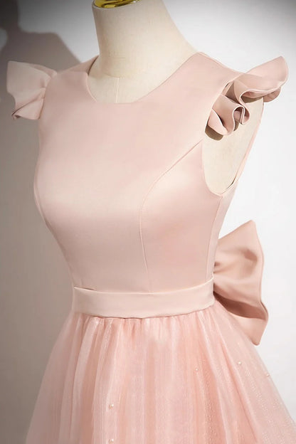 Pink Satin Tulle With Beaded Floor length Prom Dress Pink A-Line Evening Party Dress