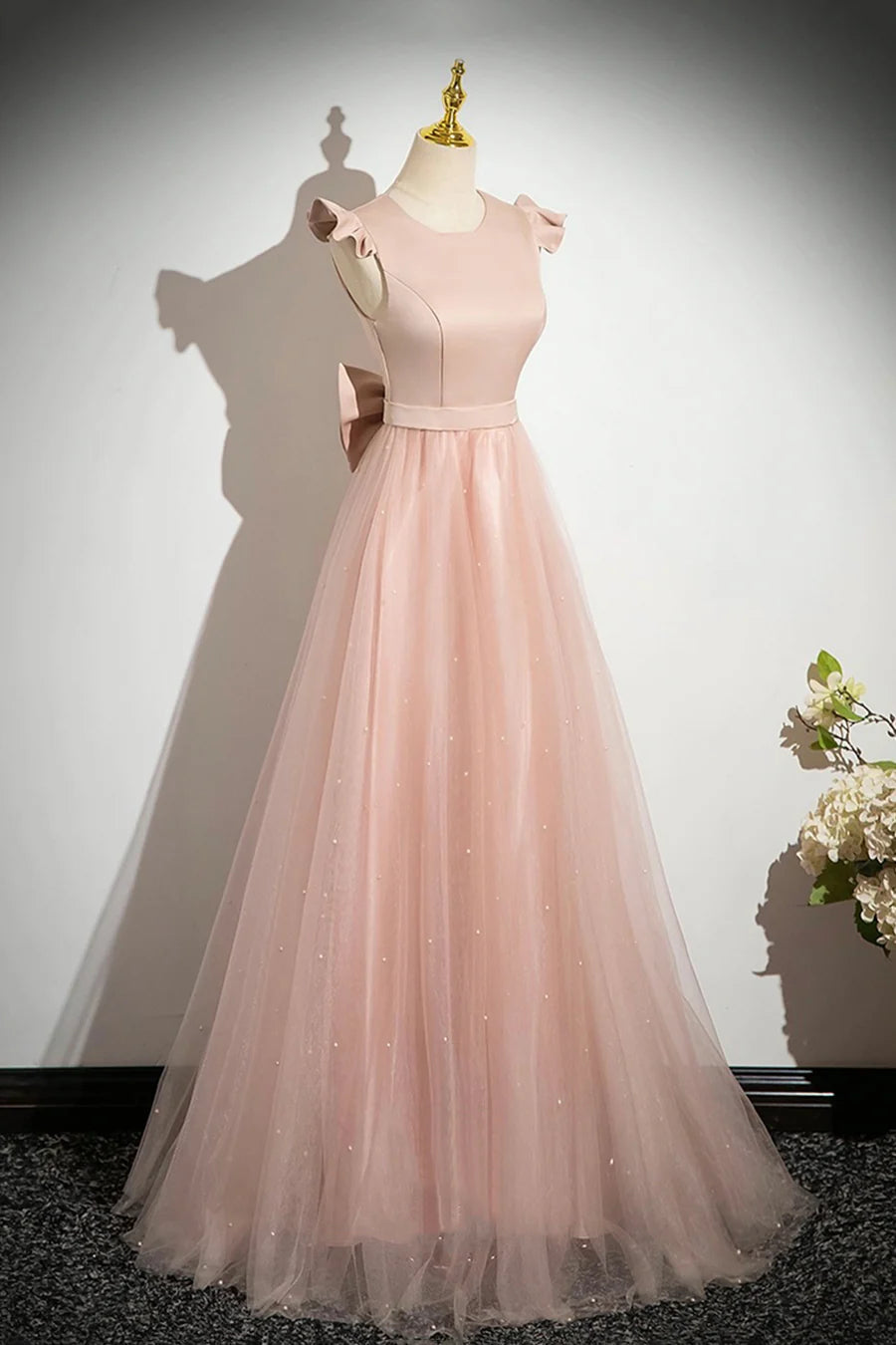 Pink Satin Tulle With Beaded Floor length Prom Dress Pink A-Line Evening Party Dress