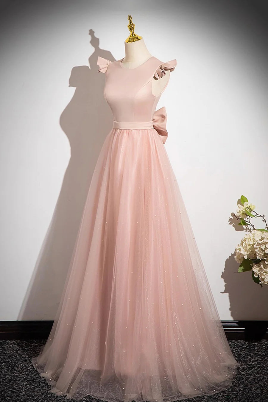 Pink Satin Tulle With Beaded Floor length Prom Dress Pink A-Line Evening Party Dress