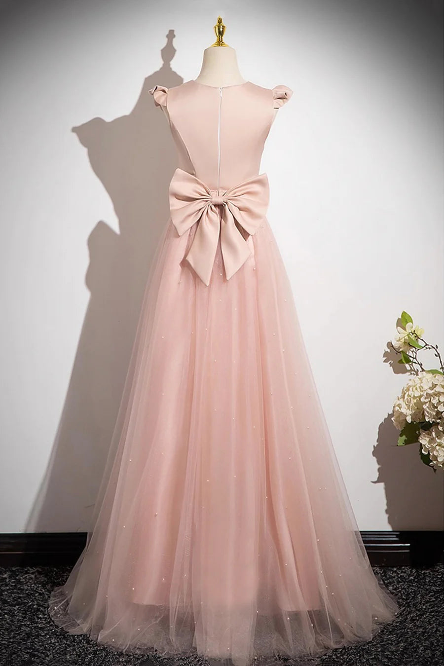 Pink Satin Tulle With Beaded Floor length Prom Dress Pink A-Line Evening Party Dress
