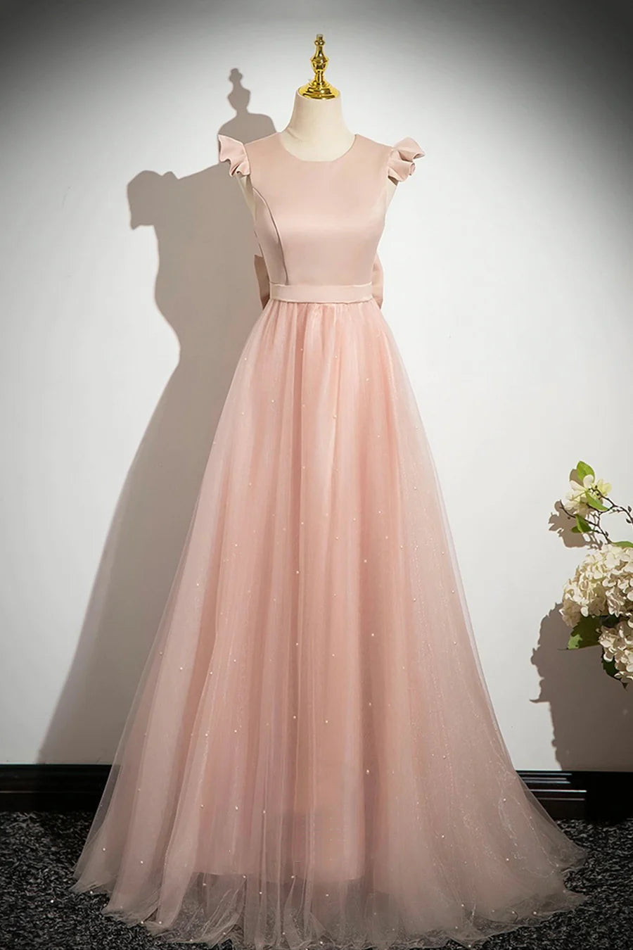 Pink Satin Tulle With Beaded Floor length Prom Dress Pink A-Line Evening Party Dress