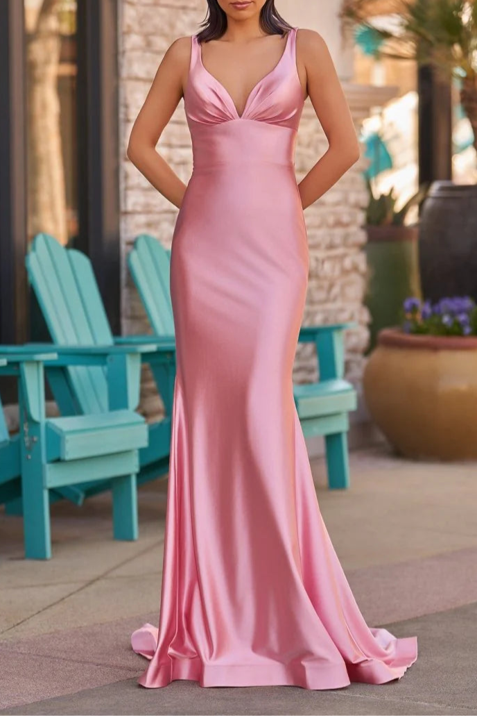 Pink Satin V Neck Mermaid Sleeveless Long Evening Dress Pink  Prom Dress With Sweep Train