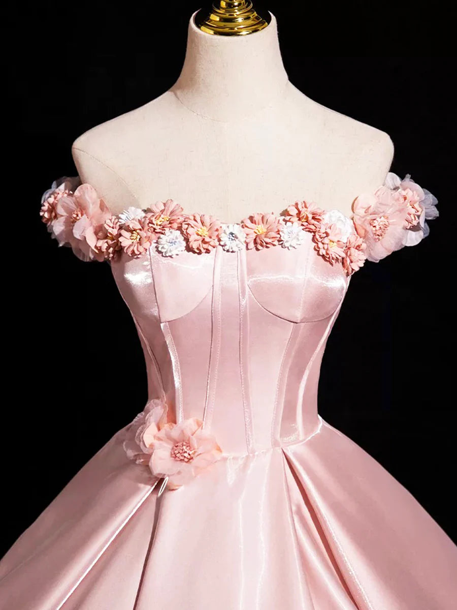 Pink Satin With Applique Strapless Corset Long Prom Dress Beautiful A-Line Evening Party Dress