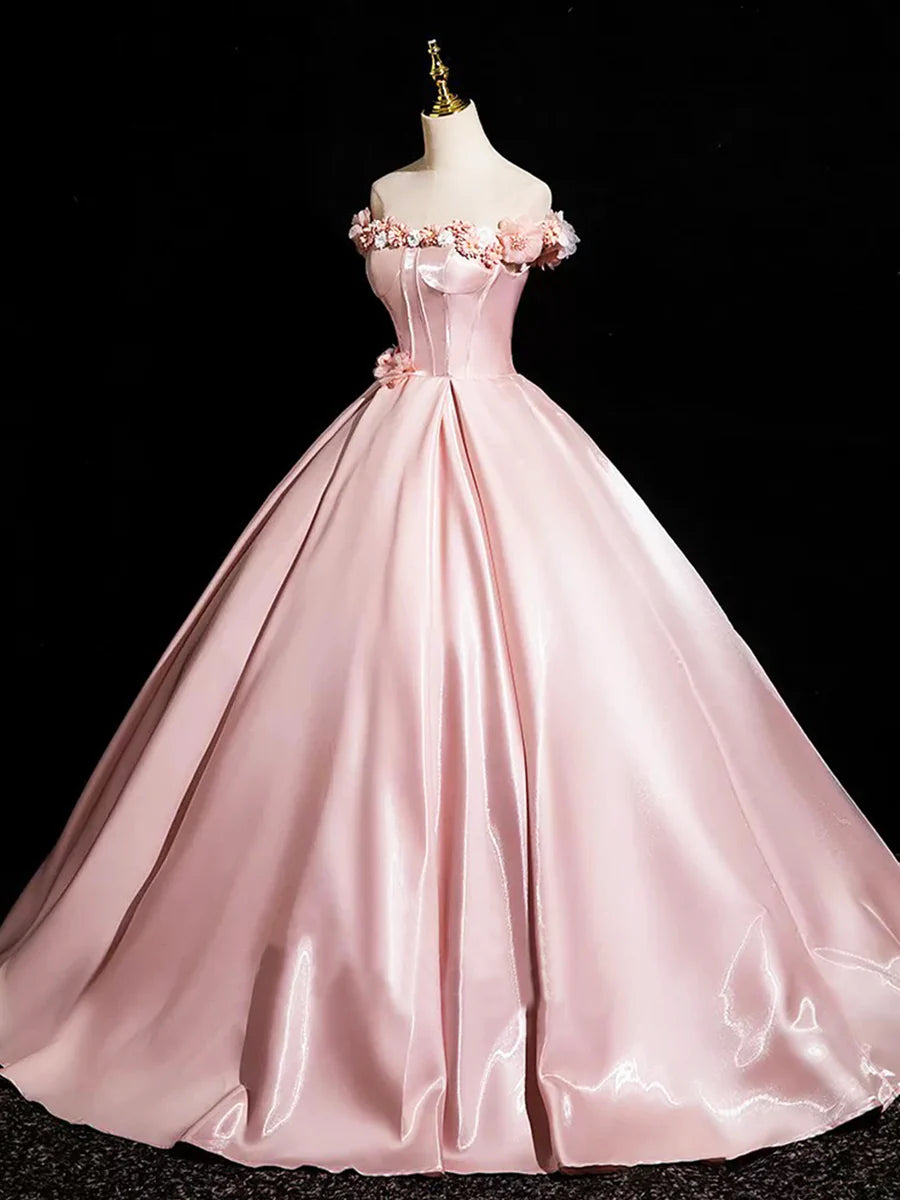 Pink Satin With Applique Strapless Corset Long Prom Dress Beautiful A-Line Evening Party Dress