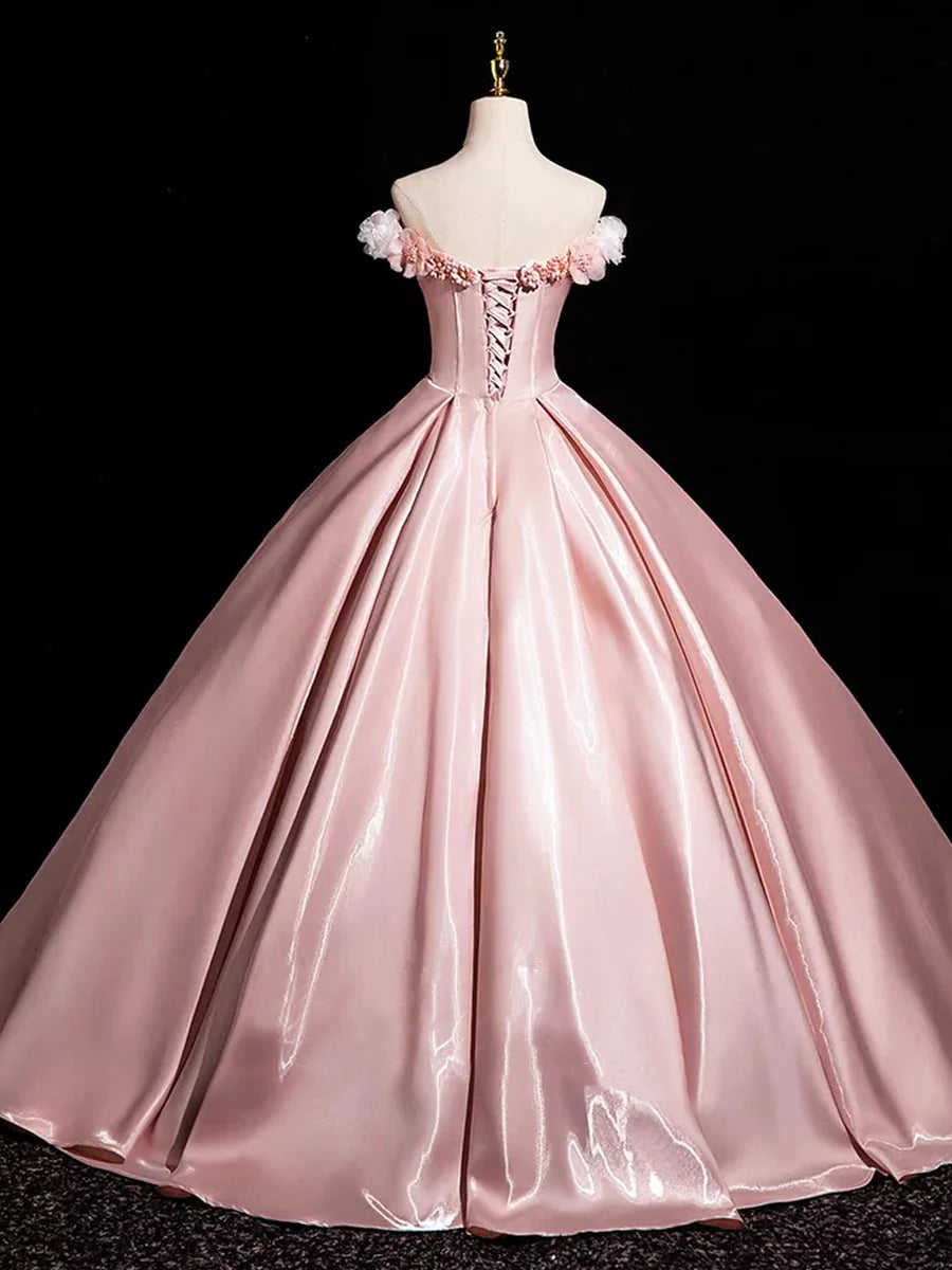 Pink Satin With Applique Strapless Corset Long Prom Dress Beautiful A-Line Evening Party Dress
